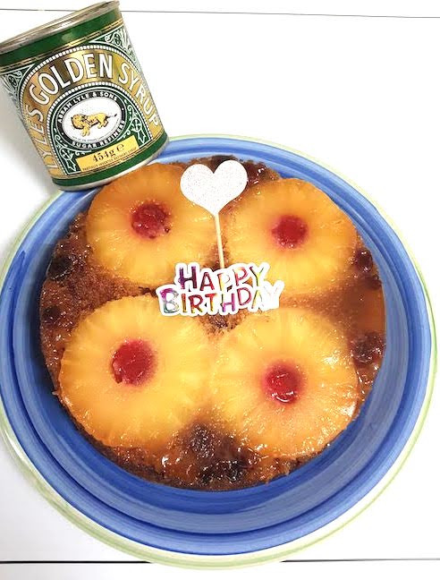 Classic pineapple upside-down cake. Golden syrup