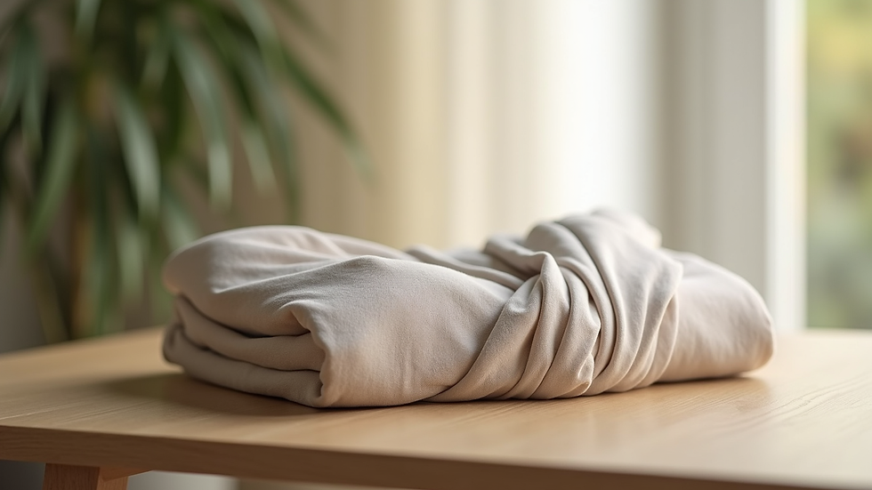Close-up view of a soft baby wrap carrier folded neatly on a table