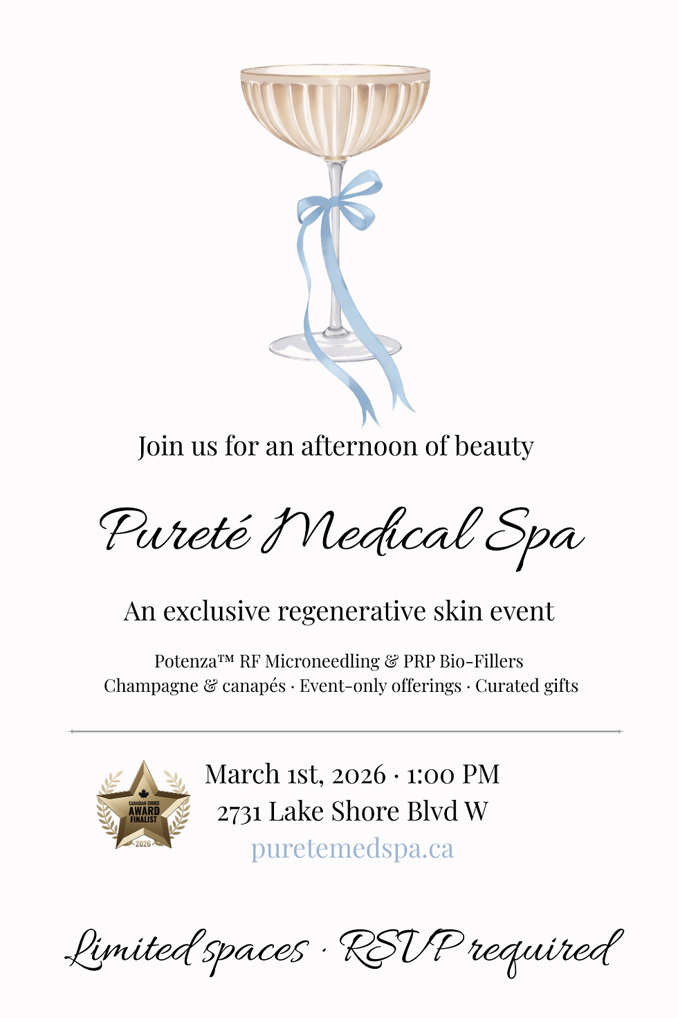 Purete medical spa event invitation in Etobicoke to showcase Potenza RF microneedling