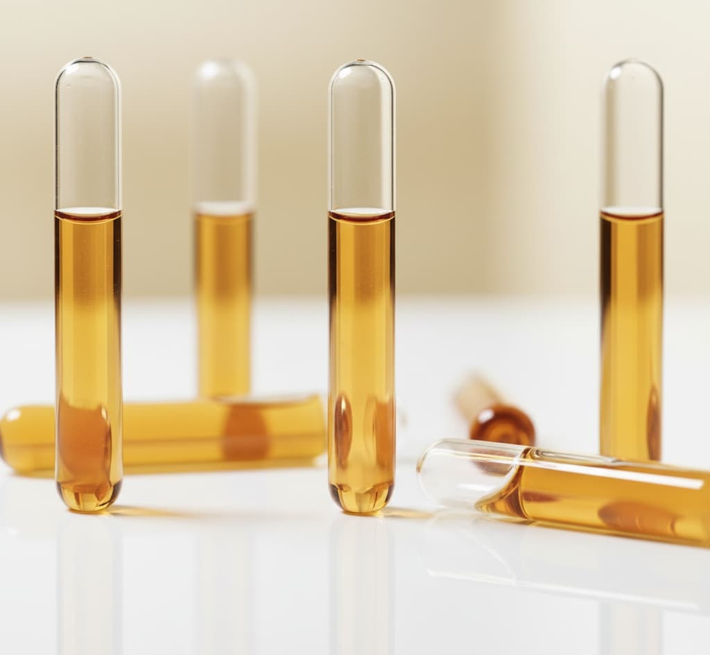Golden plasma tubes arranged on a glossy white surface under soft studio lighting, representing PRP BioFiller and PRP treatments at Pureté Medical Spa Etobicoke