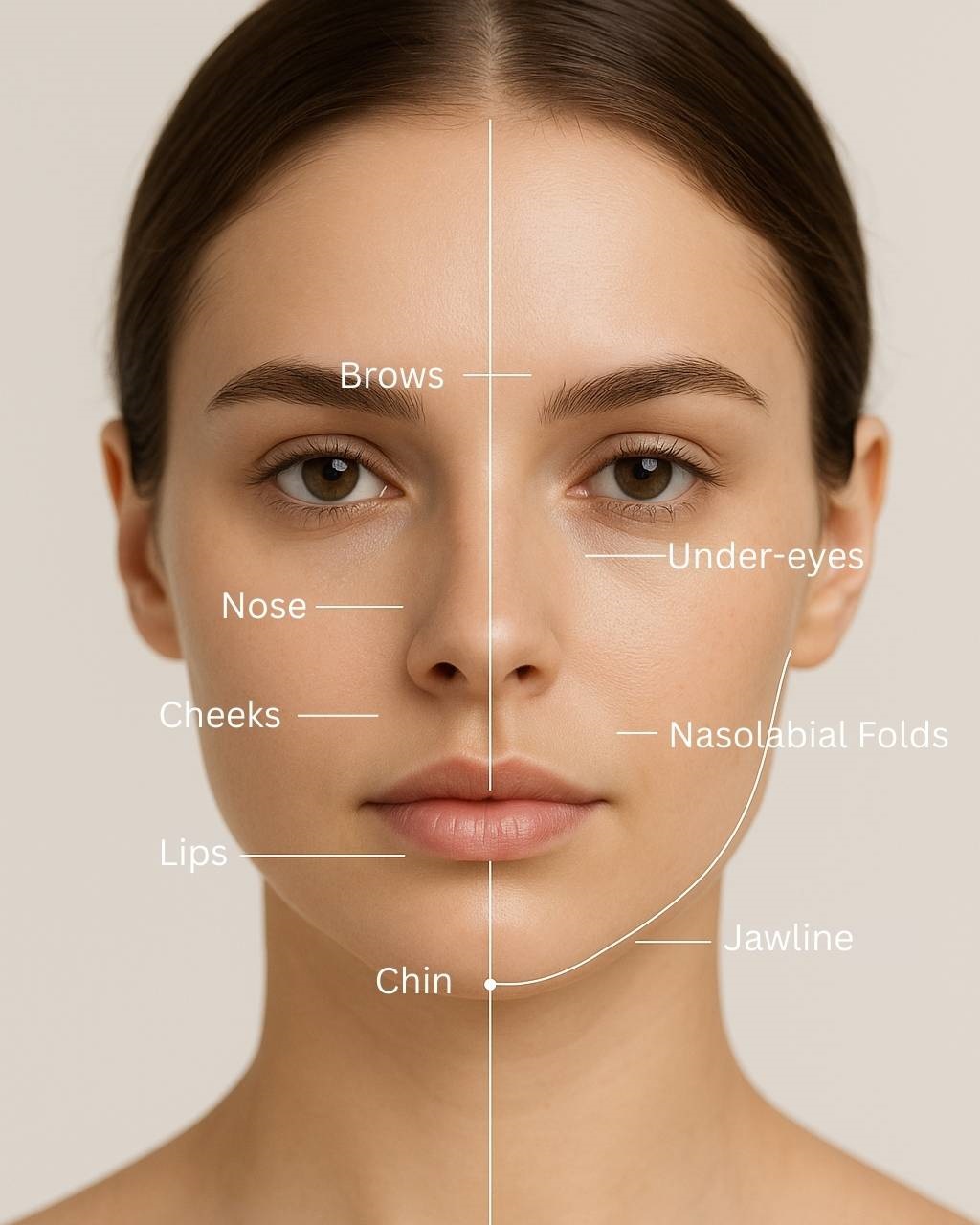 Facial balancing treatment areas diagram showing brows, under-eyes, nose, cheeks, lips, nasolabial folds, chin, and jawline at Pureté Medical Spa in Etobicoke.