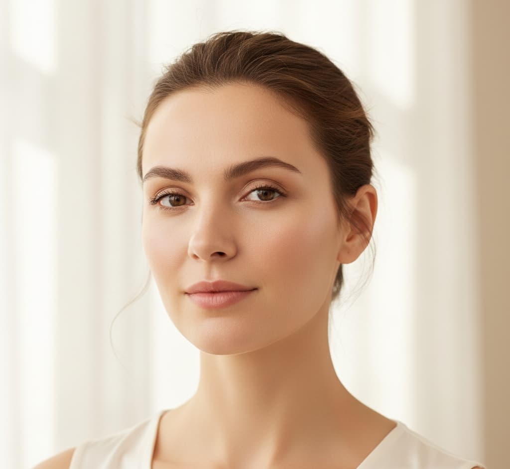 Woman with radiant, healthy skin and soft natural glow photographed in elegant champagne-toned light at Pureté Medical Spa in Etobicoke
