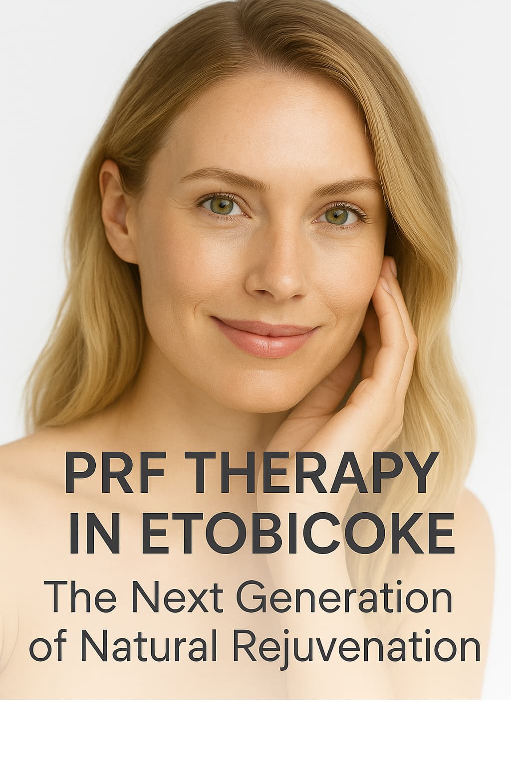 Blonde woman with green eyes smiling gently, promoting PRF therapy in Etobicoke at Pureté Medical Spa. Text overlay reads ‘PRF Therapy in Etobicoke – The Next Generation of Natural Rejuvenation’ on a clean white background