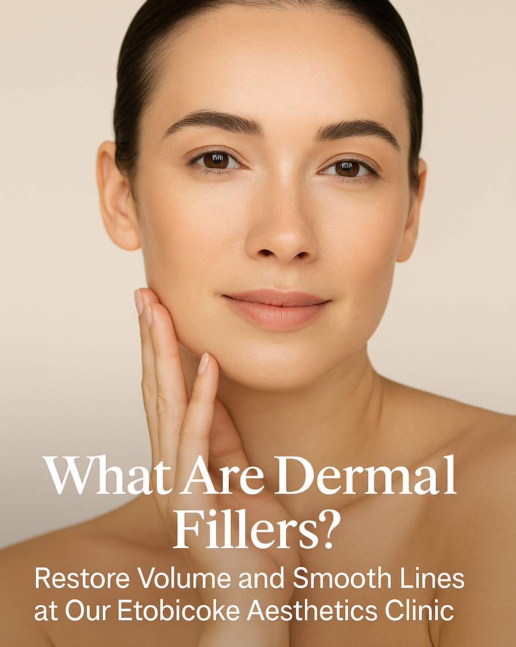 Close-up of a woman with radiant, youthful skin gently touching her face, used to promote dermal fillers at Pureté Medical Spa in Etobicoke.