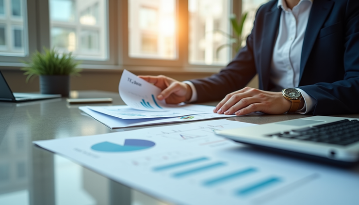 Eye-level view of a consultant reviewing business strategy documents in a modern workspace