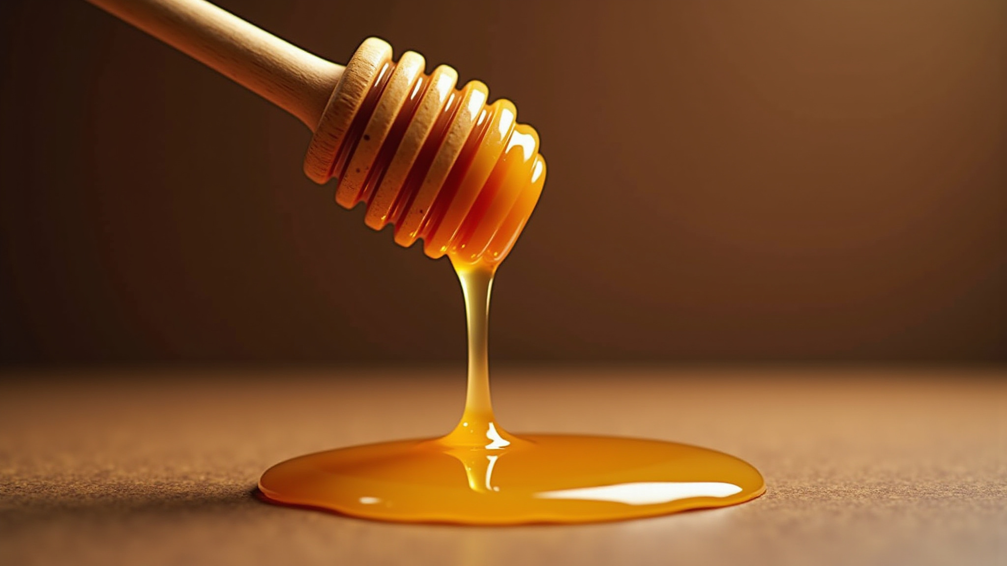 Miele che cola da un cucchiaio di legno, miele artigianale e bomboniere al miele.