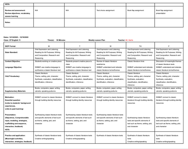 Curriculum text and standards table