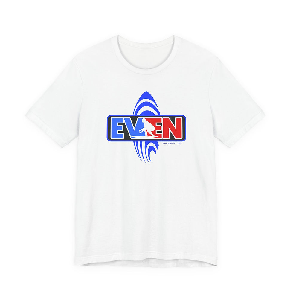 White t-shirt with blue and red EVEN logo