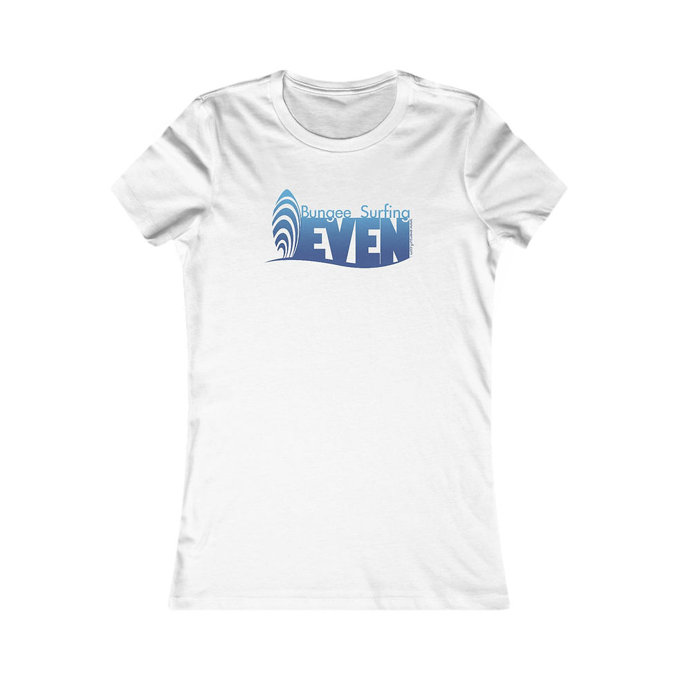 White women's t-shirt with blue EVEN logo