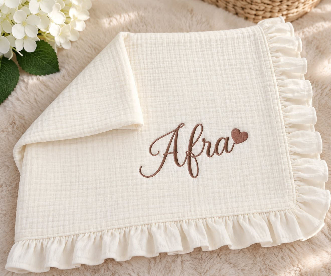 Luxe Gepersonaliseerde Wafeldeken/Mousseline Deken met Volantrand en Naam