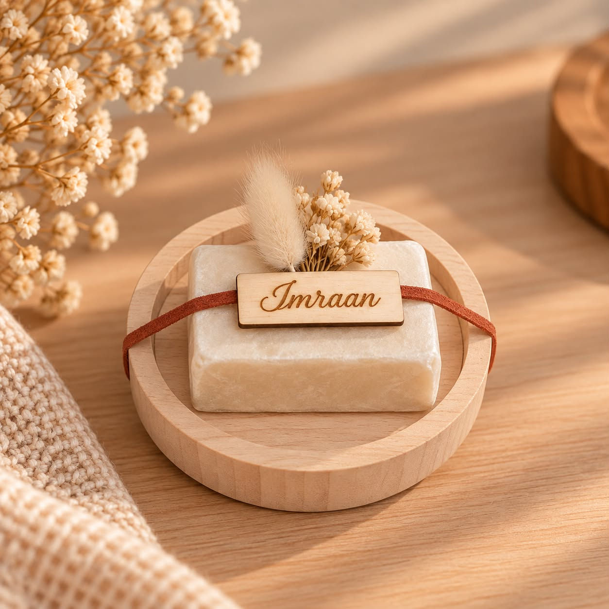 Luxe Houten Plateau met Gepersonaliseerde Musk & Droogbloem