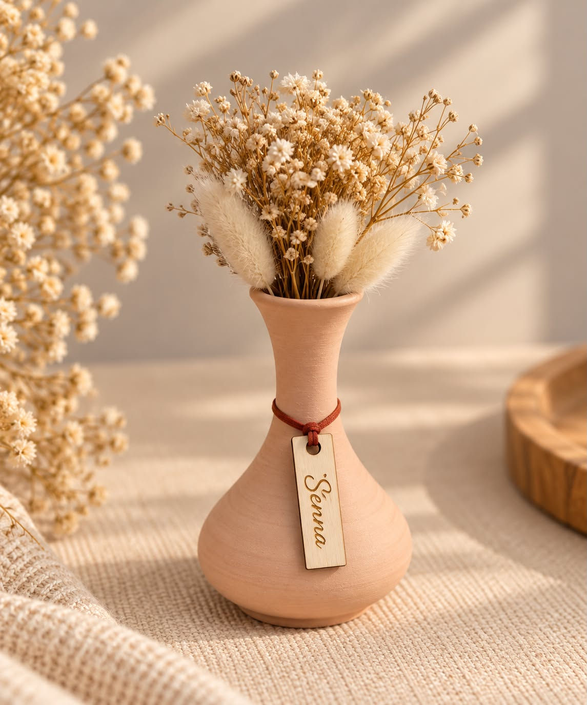 Luxe Vaasje met Droogbloemen & Gepersonaliseerde Naamplaatje