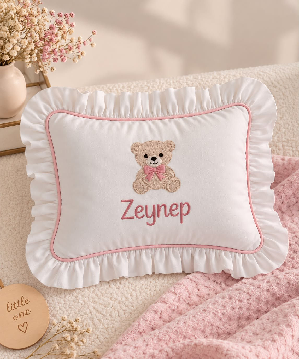 Luxe Geborduurd Baby Kussen met Bies