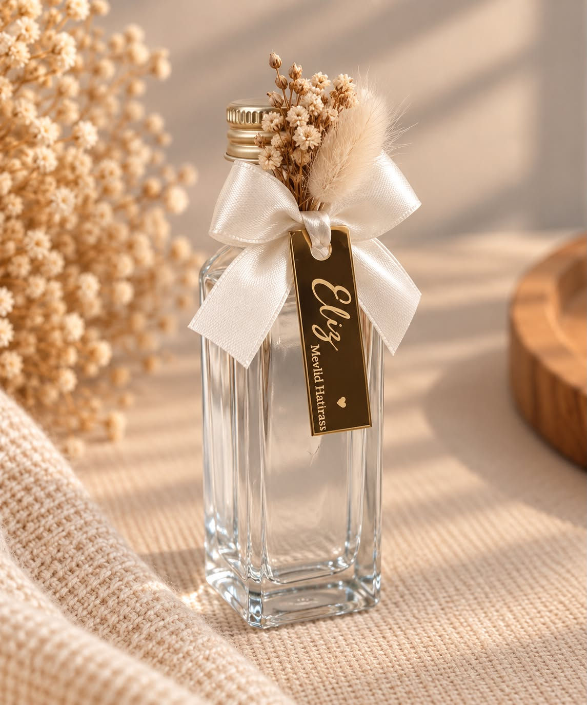 Luxe Glazen Flesje met Droogbloemen en Gegraveerd Label