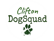 Clifton DogSquad Logo- round white circle with green smudged pawprint below lettering for 'Clifton DogSquad'