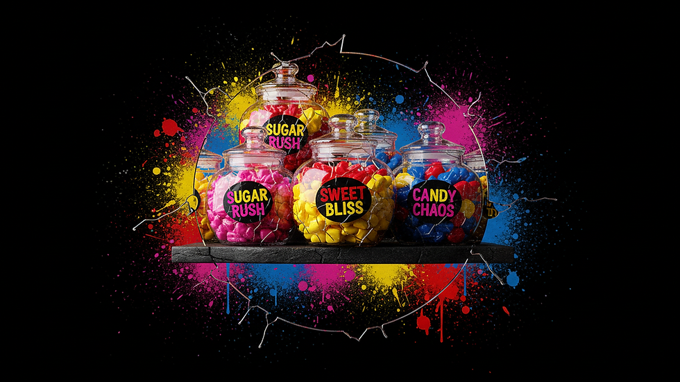 Close-up view of colorful candy jars on a store shelf