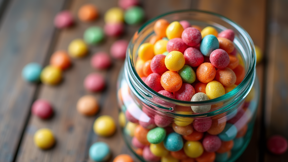 High angle view of colorful candy displayed in a glass jar