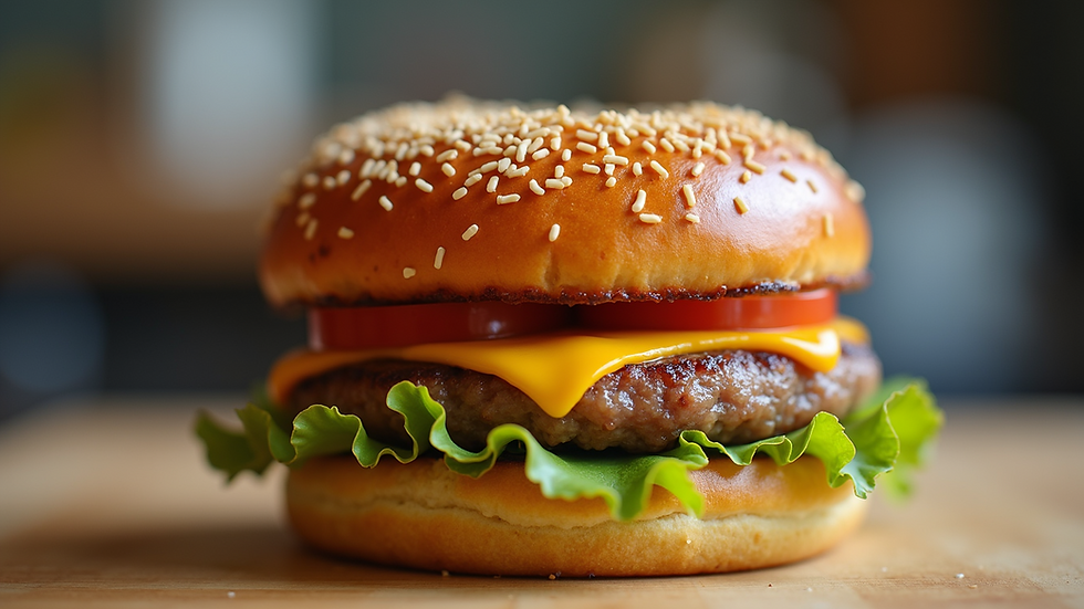 Eye-level view of a creatively assembled donut burger