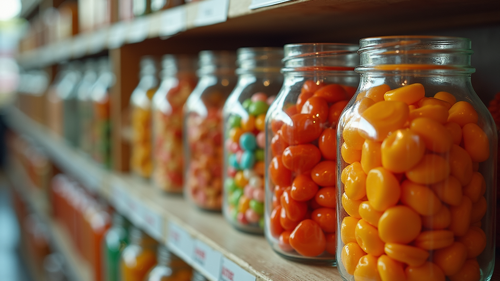 High angle view of classic candy jars