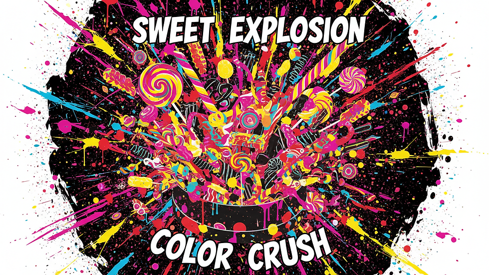 Eye-level view of a colorful candy assortment in a gift box