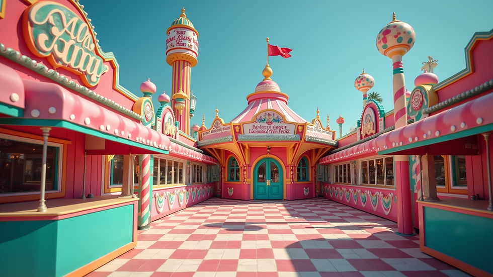 Eye-level view of candy-themed amusement park entrance
