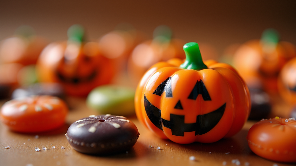Eye-level view of assorted Halloween-themed candies