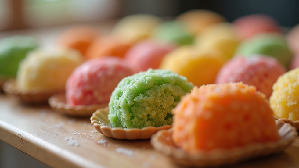 Close-up view of colorful mochi assortment