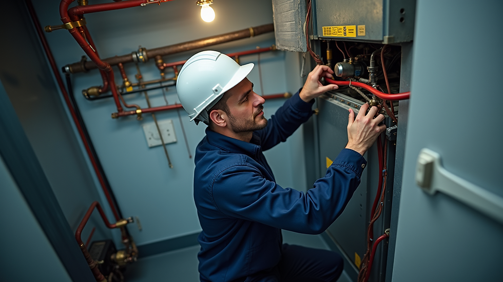 High angle view of a maintenance technician fixing a heating system