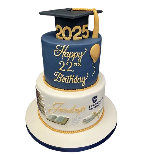 Bespoke two-tier graduation birthday cake with mortarboard topper and gold accents in Solihull, West Midlands.