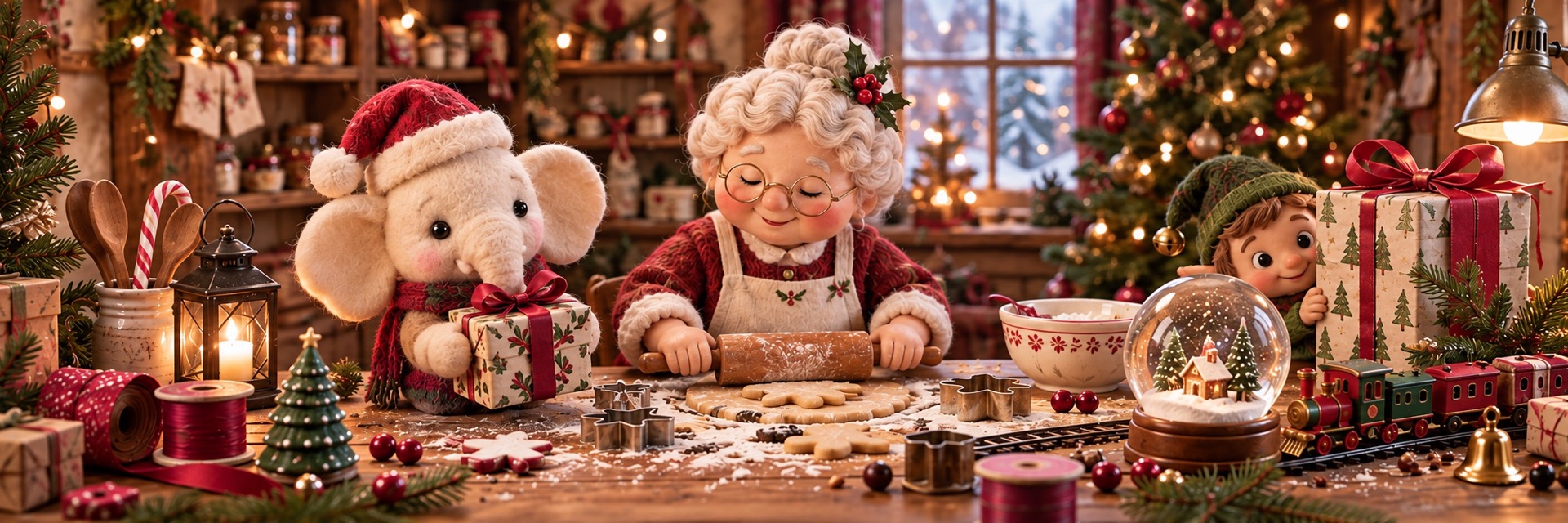 A little elephant, Mrs. Claus, and an elf make a merry mess of a Christmas workbench, with cookies, gifts, a snow globe, and a tiny train.
