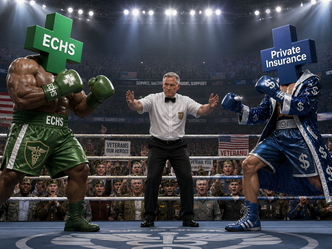 A boxing bout in a ring depicting two boxers, one is ECHS and the other is private health insurance