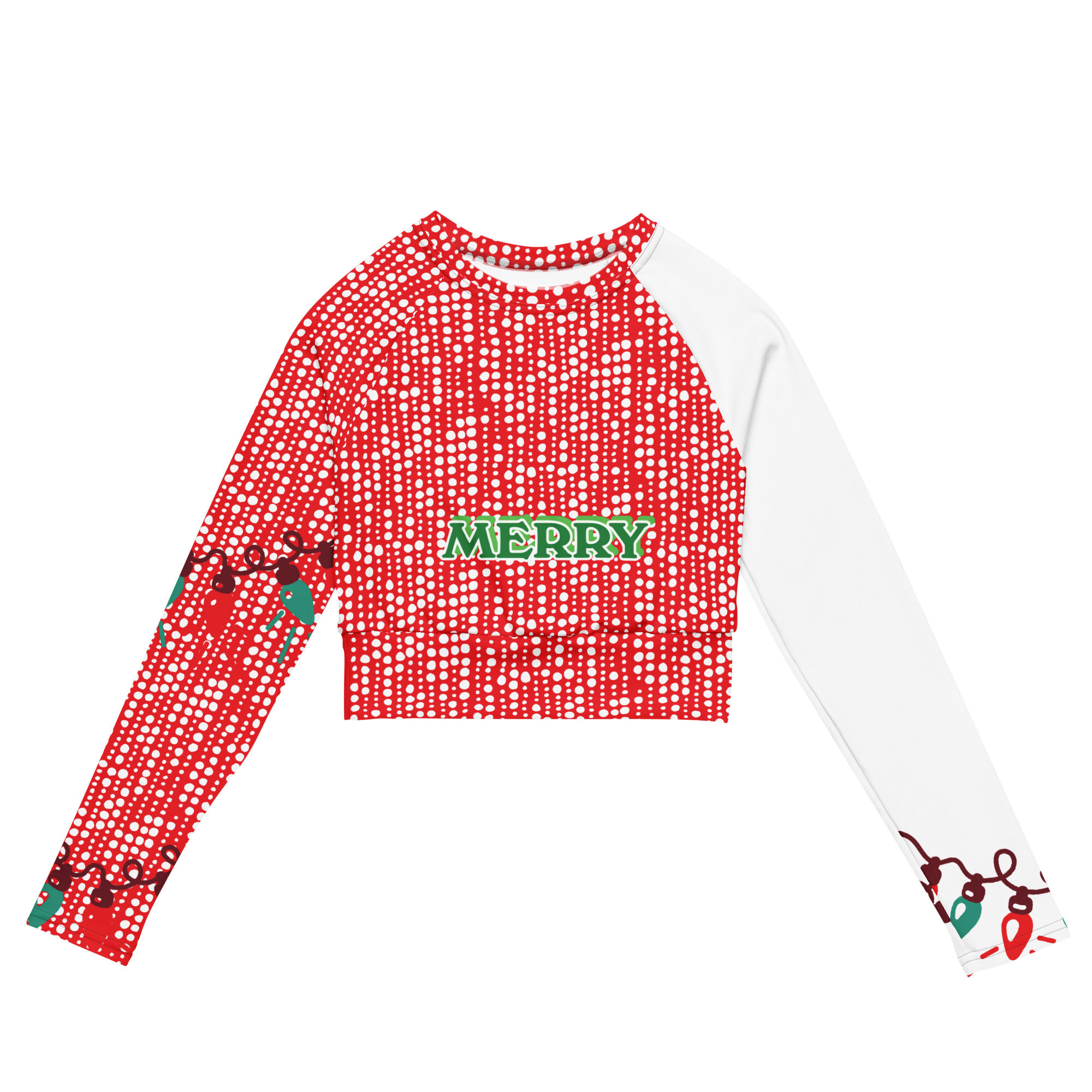 3/4 design left side red and white polka dots with christmas light tassels running down the left arm, the word merry across the chest in green and white and an all white right arm with christmas light tassels along the cuff.