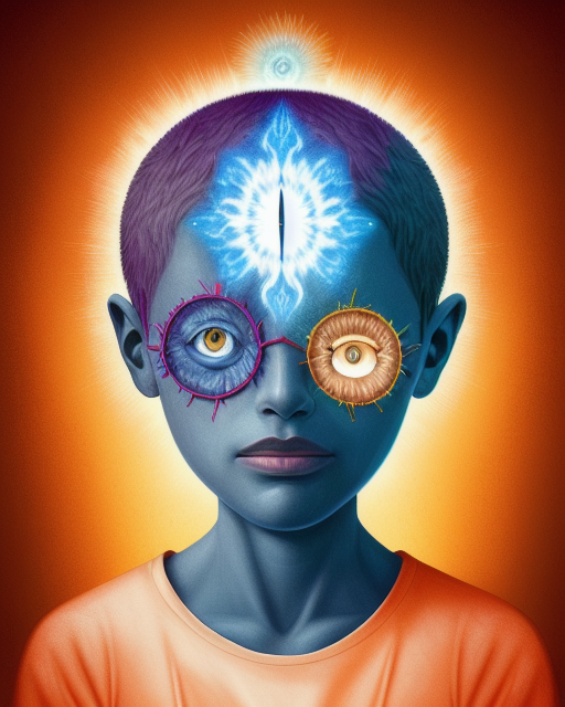 warhol styled art a young child wearing glasses shaved bald with a flash of light emitting from the center of their forehead. they have one blue eye and one orange eye and have an illuminous glow behind them with orange backgrop