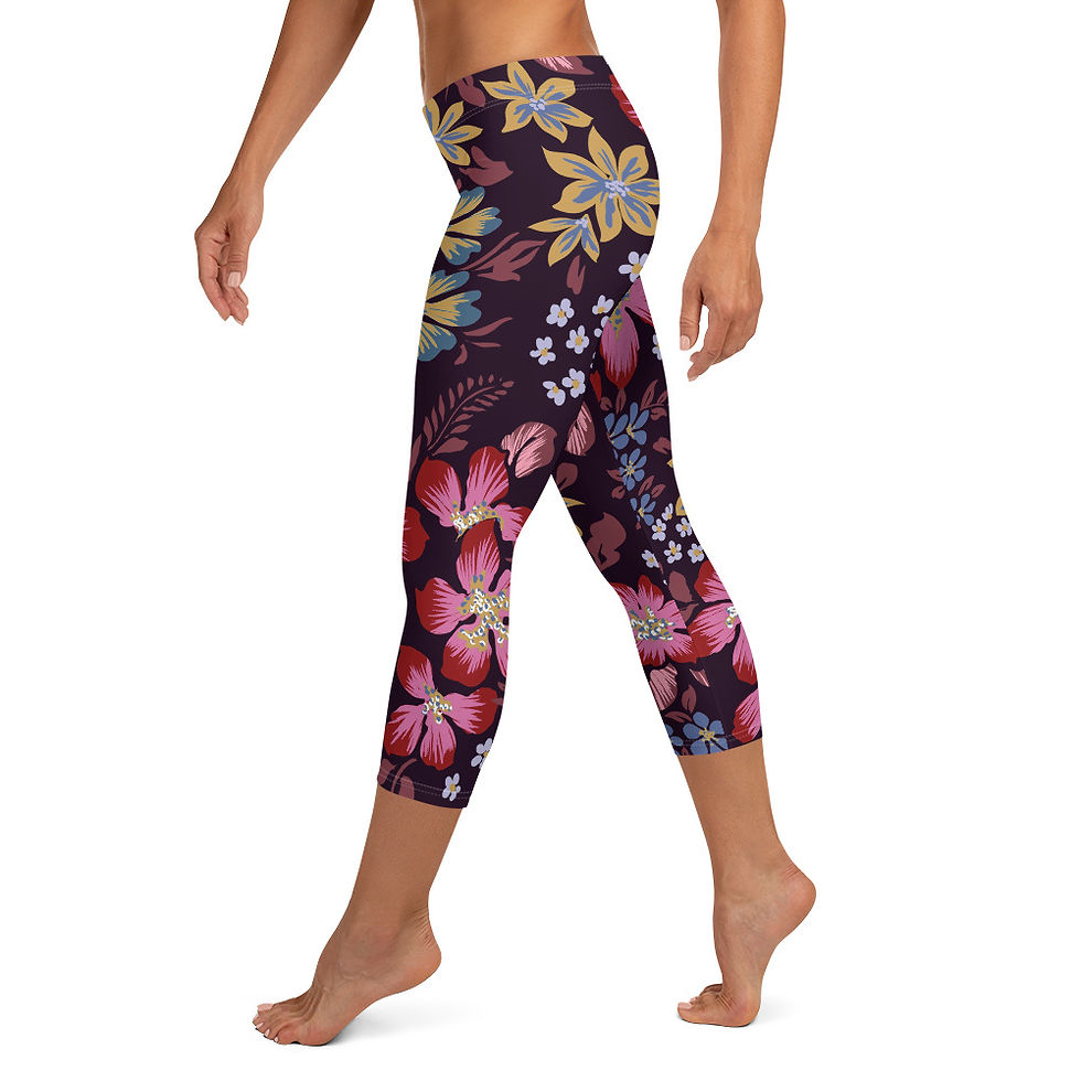 Tropical flowers in pinks, purples, and blues.