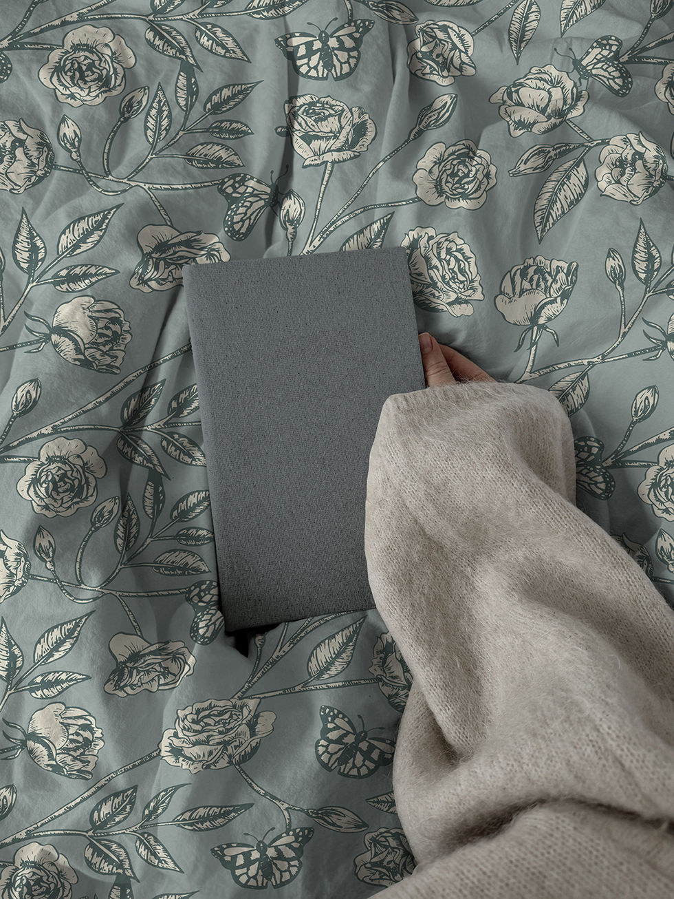 Roses in bloom - trailing floral pattern in sage green