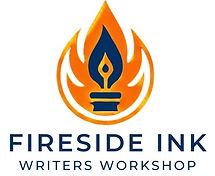 orange fire with blue fountain pen inside Fireside Ink Writers Workshop logo