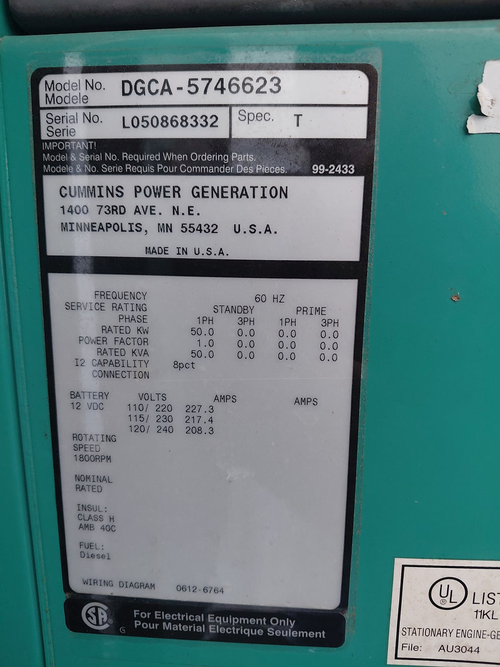 Thumbnail: Cummins 50kw 120/240 single phase 