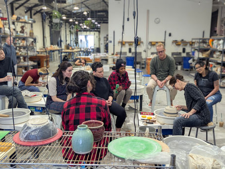 Members gather around during a Throw Clay LA clinic demonstration, sharing techniques, questions, and ideas while learning together through clay.