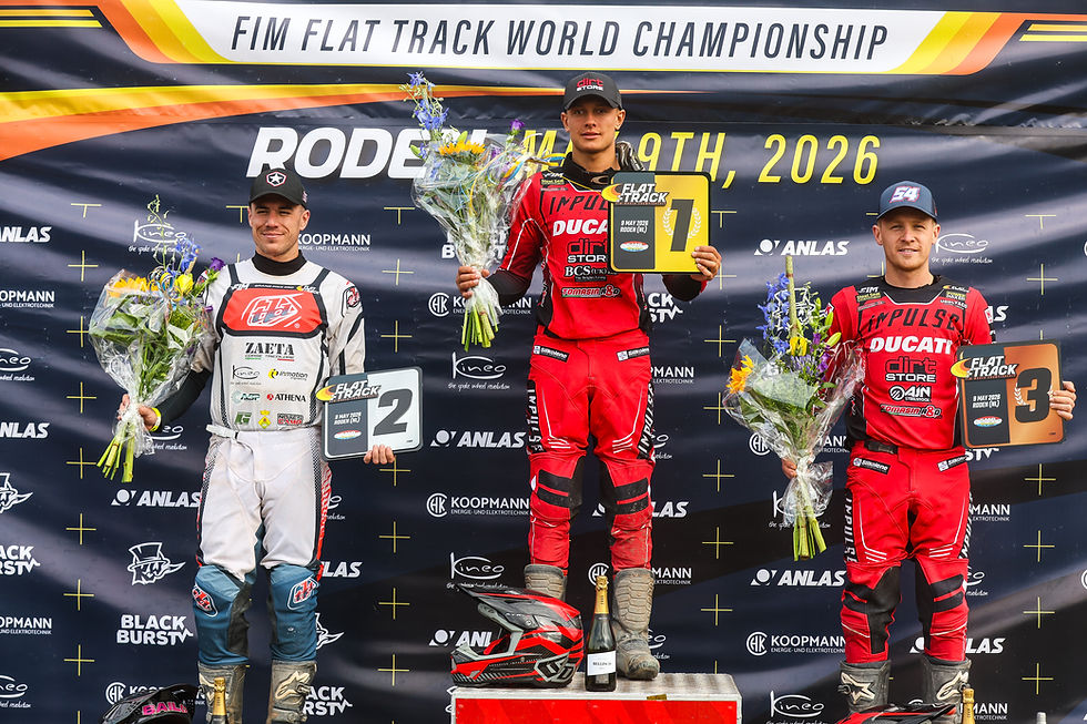 VRX Dirt Store Ducati's Ashton Boughen wins Round 1 of the FIM Flat Track World Championship in Roden, Holland with Tim Neave also making the podium in third place. Images courtesy of Jesper Veldhuizen.