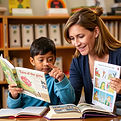 a female tutor is holding up a book to show a 3rd grader and they are pointing at the pict