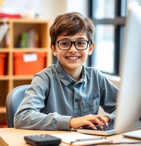middle school aged student sitting at a computer smiling .jpg