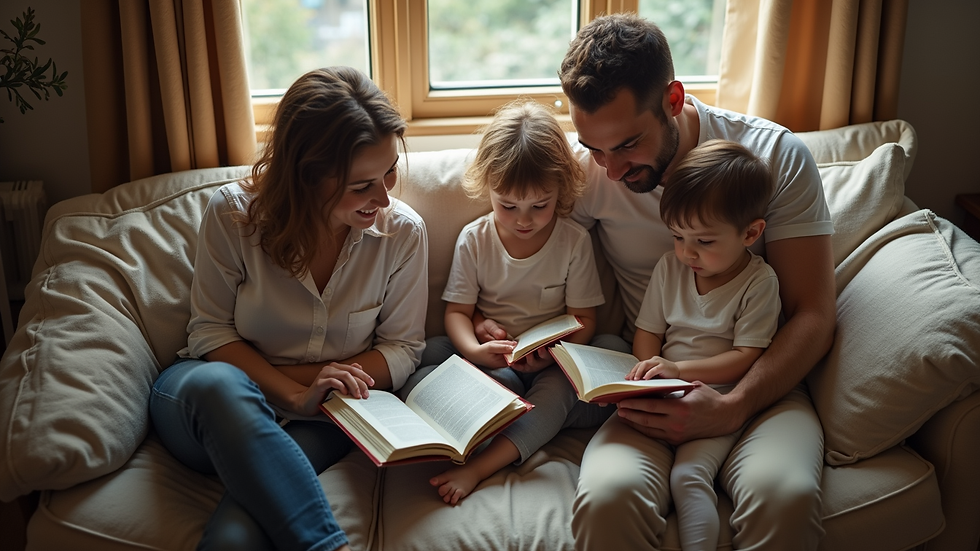 High angle view of a family sitting together reading and talking