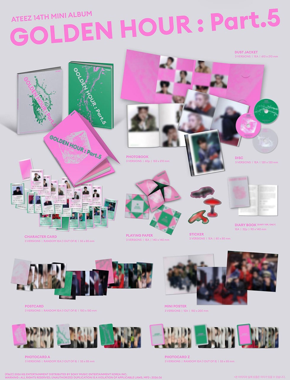Miniature : Contenu de l'album ATEEZ – 14th Mini Album [GOLDEN HOUR : Part.5] incluant photobook, cartes et poster.