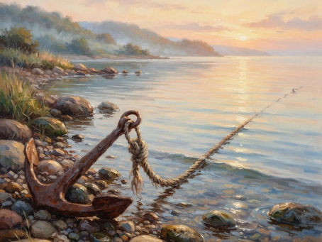An old iron anchor rests on stones at the water's edge in soft morning light.