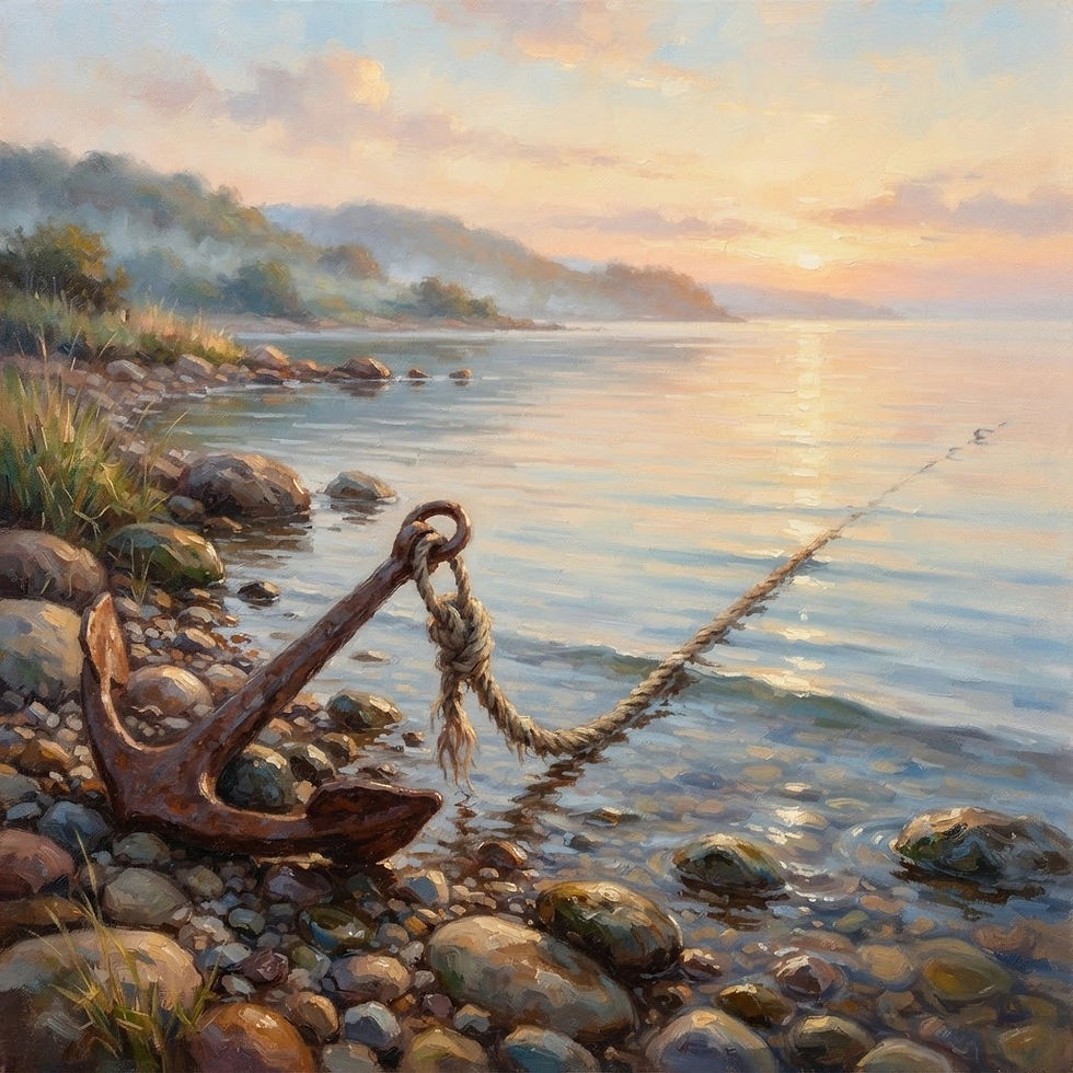 An old iron anchor rests on stones at the water's edge in soft morning light.