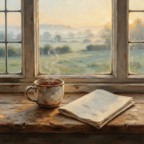 A cup of tea and a folded page rest on a sunlit windowsill overlooking a misty field at dawn.