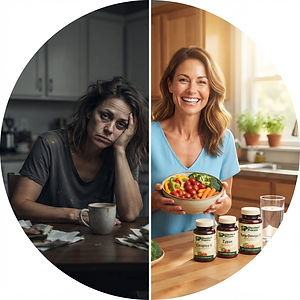 split screen before and after of the same woman in her 40's in her kitchen. Left side_ ti