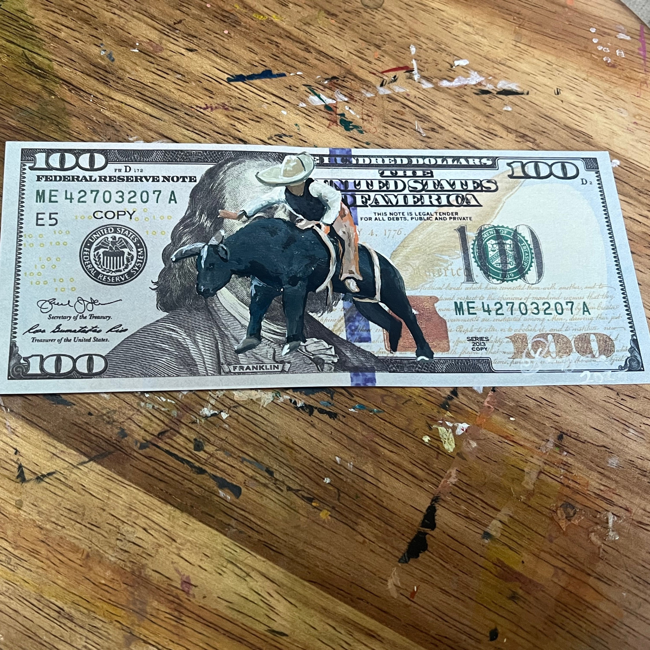 Print 100  Dollar Prop money "Jinete de Toro"  Wall Mount Floating Frame