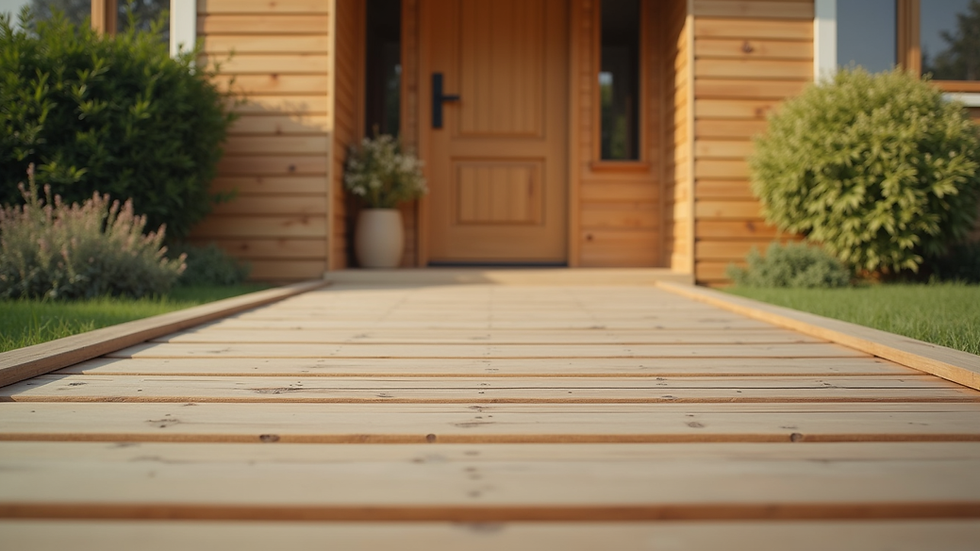 Eye-level view of a wooden ramp with natural timber cladding leading to a front door