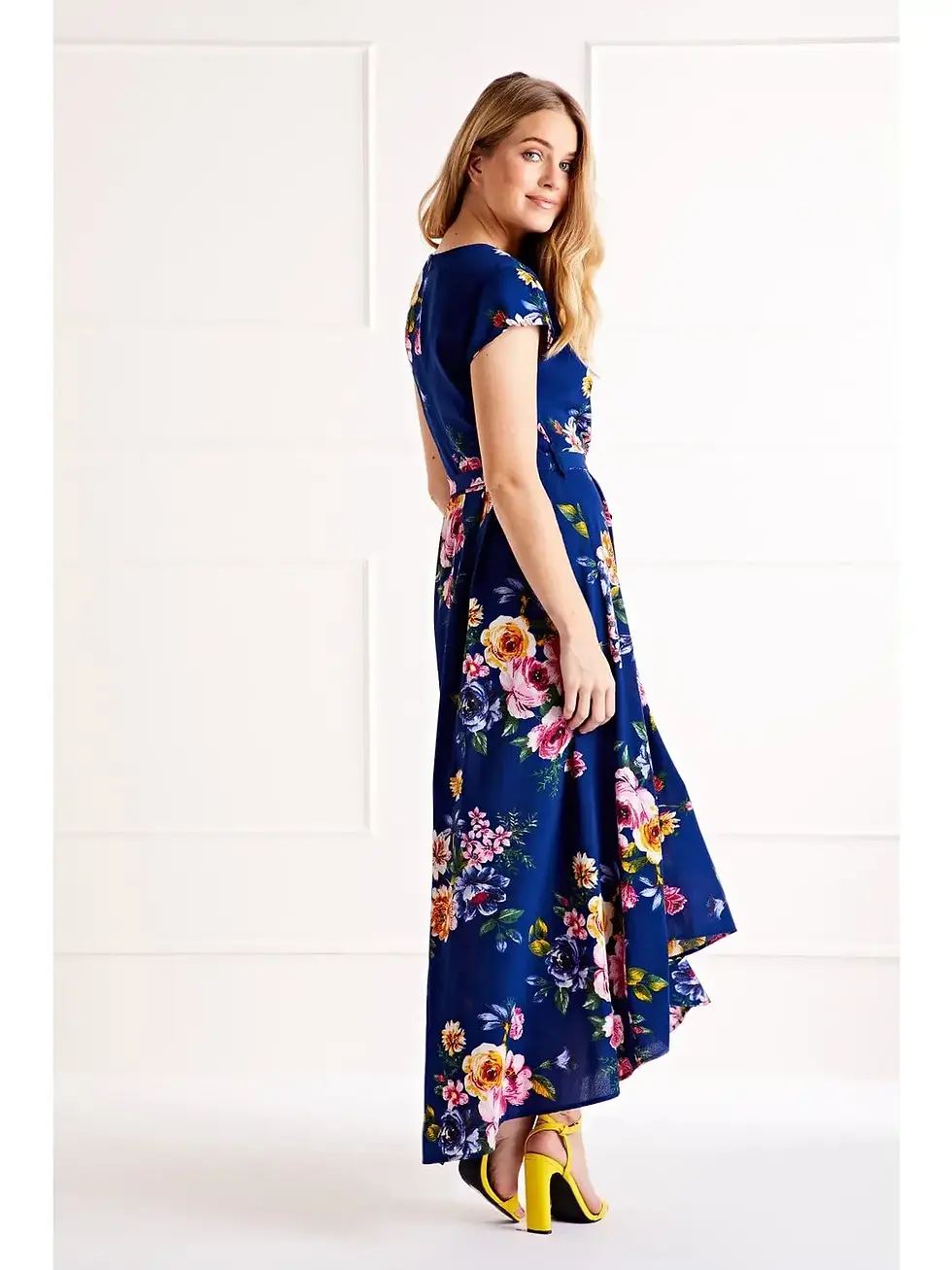 Thumbnail: Mela Blue Floral Wrap Over Dipped Hem Midi Dress - Size 22